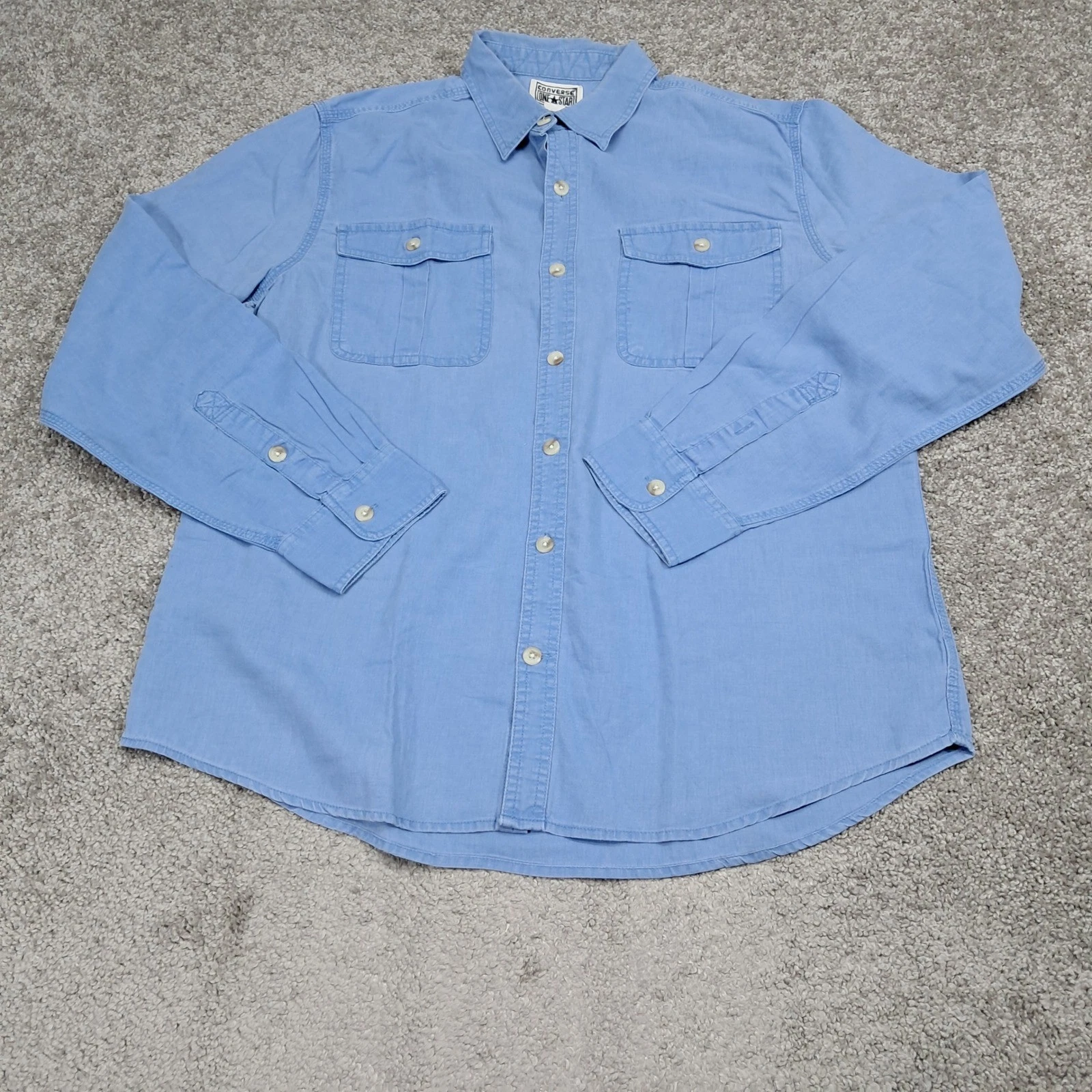 Converse One Star Mens Blue Linen Cotton Blend Long Sleeve Button Down Shirt L