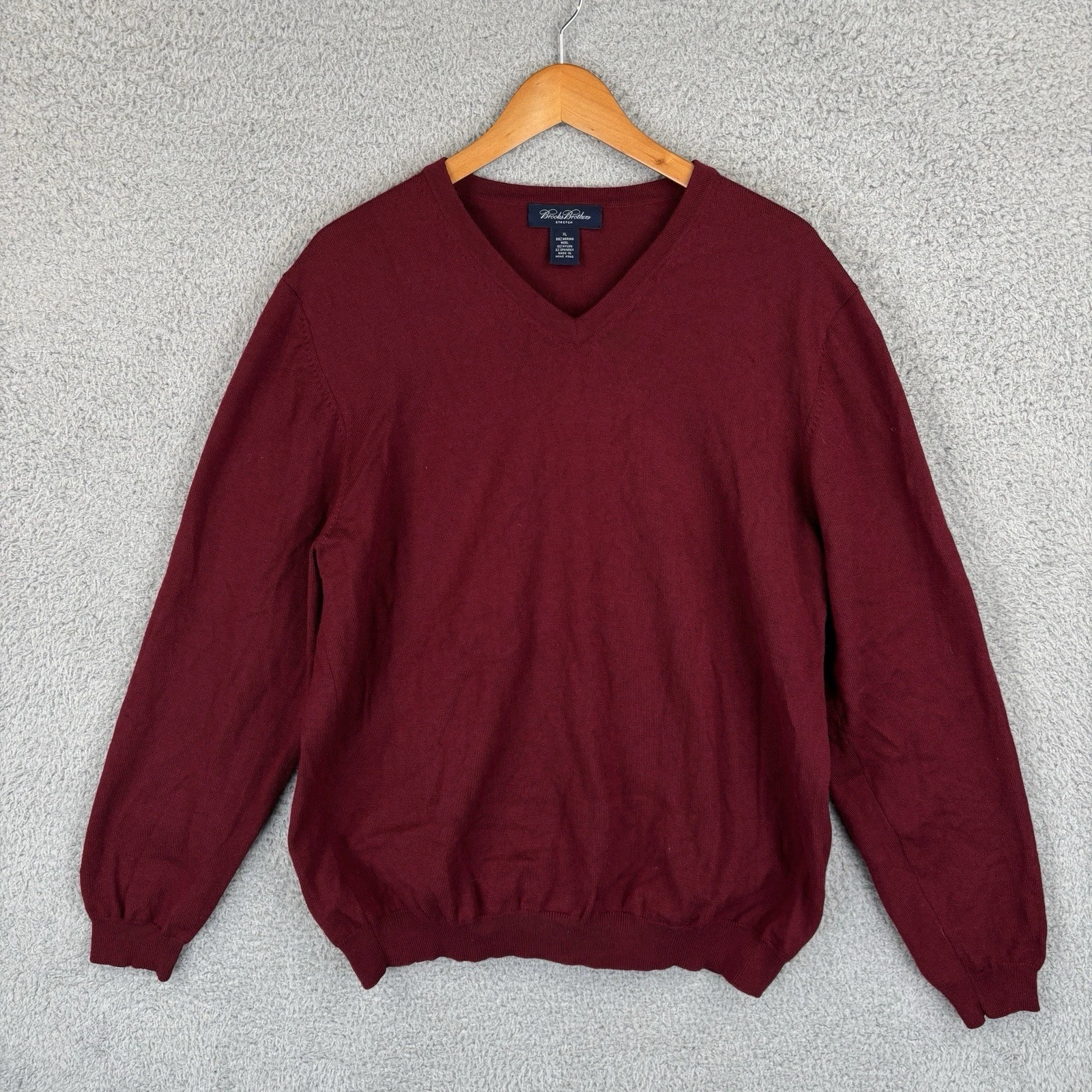 Brooks Brothers Stretch V Neck Sweater Mens XL Burgundy Merino Wool Blend