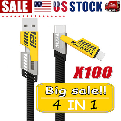3Ft 65W 4 in 1 Multi Charging Cable Flat Braided USB C Charge Cord Transfer lot