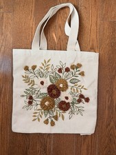 Embroidered Floral Canvas Tote Bag 100 Cotton Boho Cottagecore Shoulder Bag
