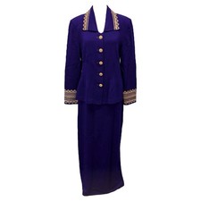 VTG St. John Royal Purple Gold Sequin Knit Jacket Maxi Skirt 2pc Set Sz 8/10