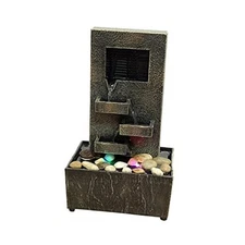  10" H Slate Tiered Tabletop Water Fountain with Natural River Rocks and LED 