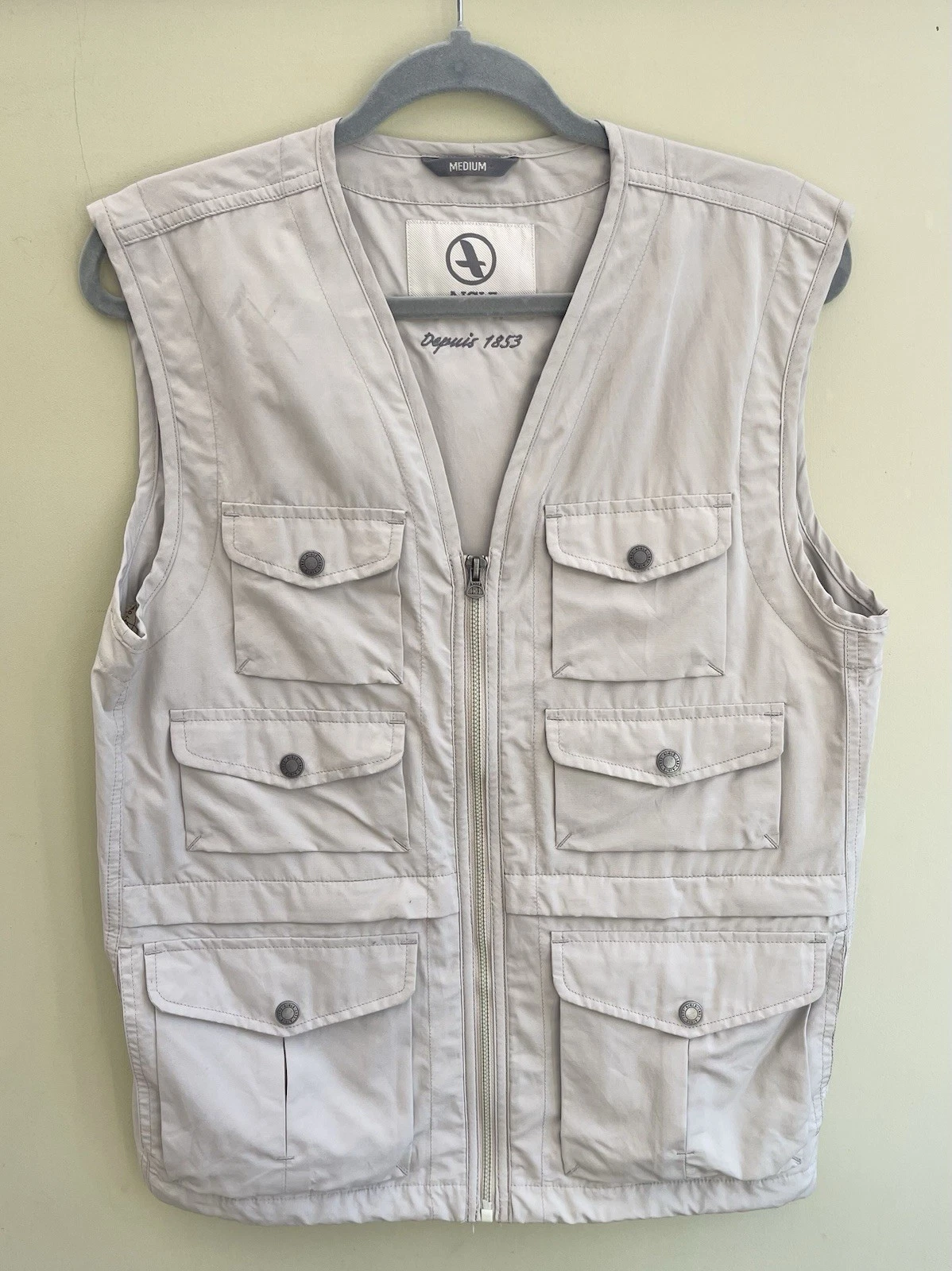 Aigle Stone Utility Vest Jacket Size Medium Pockets Fishing Zip Up Map Lining