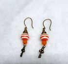 Handmade Gold Tone Wire Wrapped Orange Striped Bead & Key Earrings New
