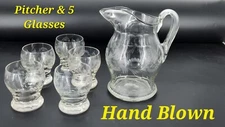 Hand Blown GLASS Pitcher and Glasses Set of 5 Floral Design LEMONADE or Iced Tea