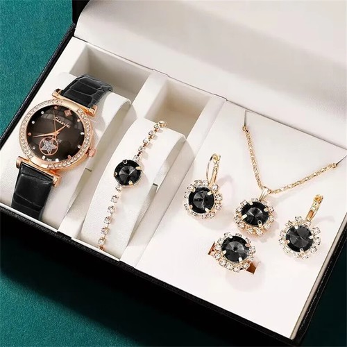 Juego de regalo de reloj para mujer 6 piezas plata cristal pulsera pendientes collar anillo - Imagen 18 de 22