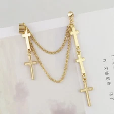 Gothic Punk Cuff Dangle Drop Cross Earrings - Long Chain Stud Tassel, Gift, Gold