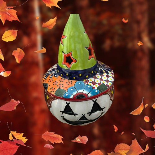 Talavera pumpkin with hat Jack o lantern candle holder Halloween pumpkin - Picture 9 of 10