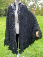 Vtg Boho Gipsy Black Wool Knit Poncho Cape Leather Trim Tassells Nicks