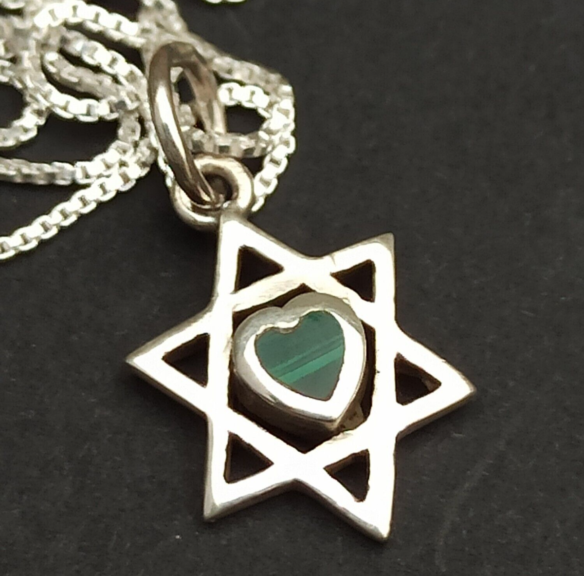 Vintage Star David Heart Necklace Silver 925 Green Stone Love 