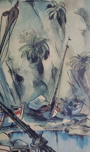 Zeichnung Federzeichnung Aquarell Landschaft Schiffe See - Picture 10 of 11