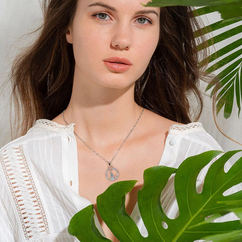 European Women Girl and Rose Cat Pendant Necklace Chain CZ Jewelry Silver Plated - Image 2 of 4