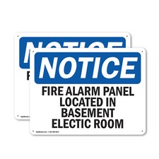  2 Pack Fire Alarm Panel Located In Basement Electric Room OSHA Notice Sign