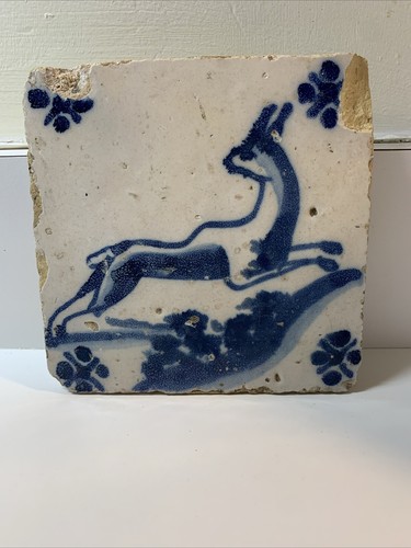 Antique Delft Blue White 17th CENTURY DUTCH HOLLAND TILE Running Stag Deer 1600 - Picture 23 of 24