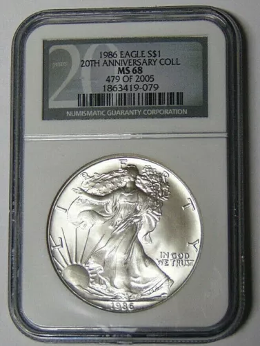 NGC MS68 1986 American Silver Eagle 1 oz .999 Silver Dollar 20th Anniversary