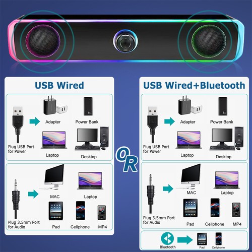 Bluetooth + USB Wired PC Speakers Computer Stereo Soundbar Speaker for PC Laptop - Picture 8 of 10