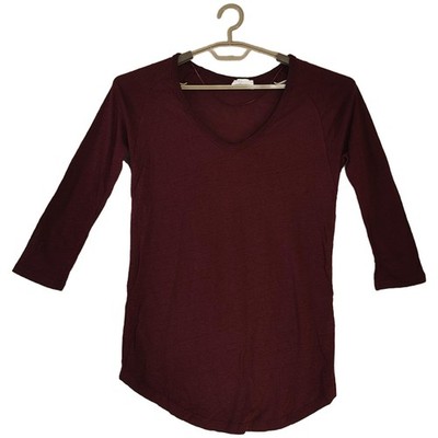 Zara Leinen T-Shirt Damen Gr. L Burgund 3/4 Arm Relaxed Freizeit Lagenlook Oberteil