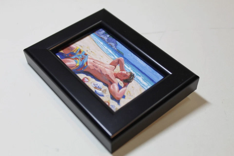 Pintura en miniatura acrílica arte de interés masculino gay original playa Foto 3 de 4