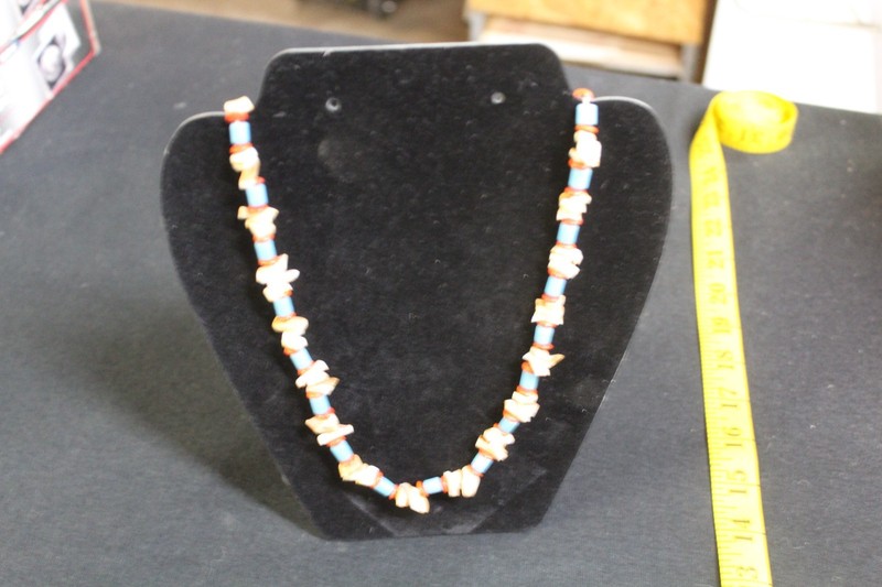 Carved Shell/Turuoise/Coral set in sterling Silver necklace 23"