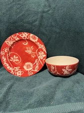 Two Bright Red and Yellow Bowl/Salad Plate Sets. New Never Used