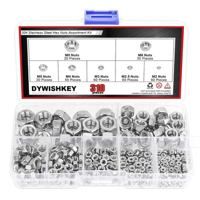 310 Pieces Metric 304 Stainless Steel Hex Nuts Assortment Kit for Screw Bolt (M2
