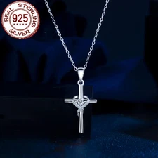 Solid 925 Sterling Silver CZ Cross Geometric Heart Round Stone Pendant Necklace
