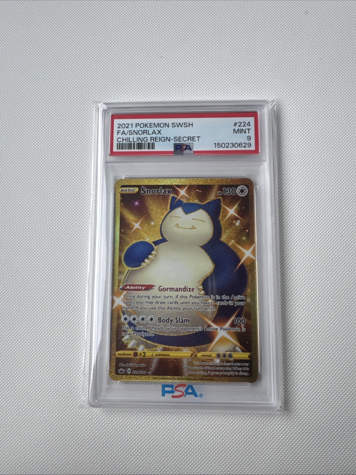 Snorlax Chilling Reign Secret Rare Gold Holo Card 224/198 PSA 9