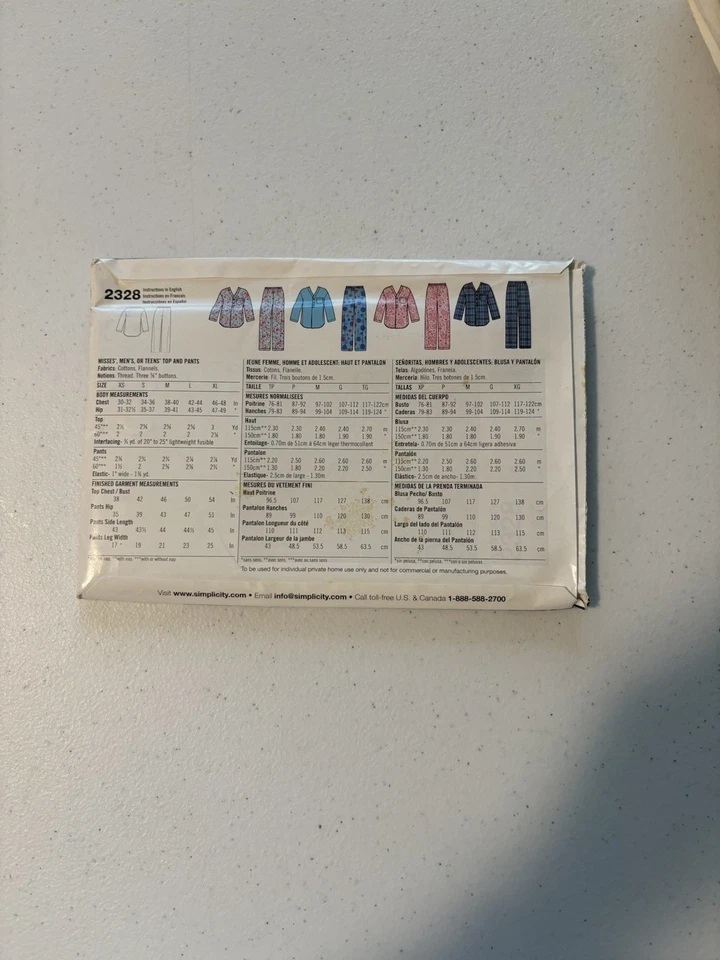 Simplicity 2328 Misses, Men’s, Teens Top And Pants Sleepwear UNUSED - Image 2 of 2