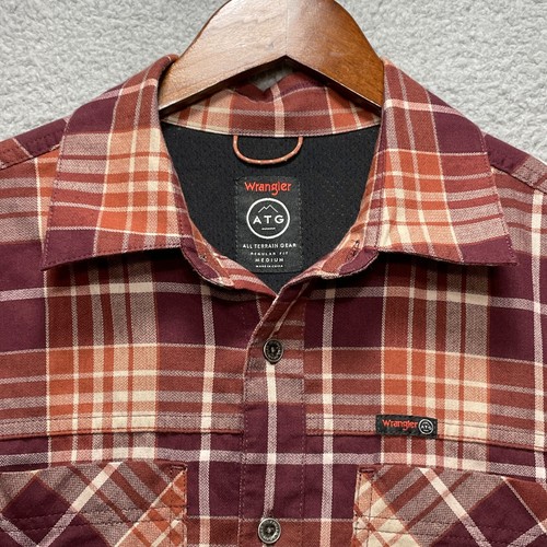 WRANGLER ATG Red Plaid Long Sleeve Shirt Men Medium Outdoor Western Metal Button - Picture 2 of 7