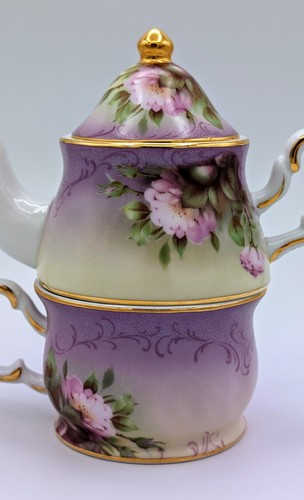 Vintage European Porcelain Purple Florals Stackable Tea for One Set Gold Accents - Picture 14 of 16
