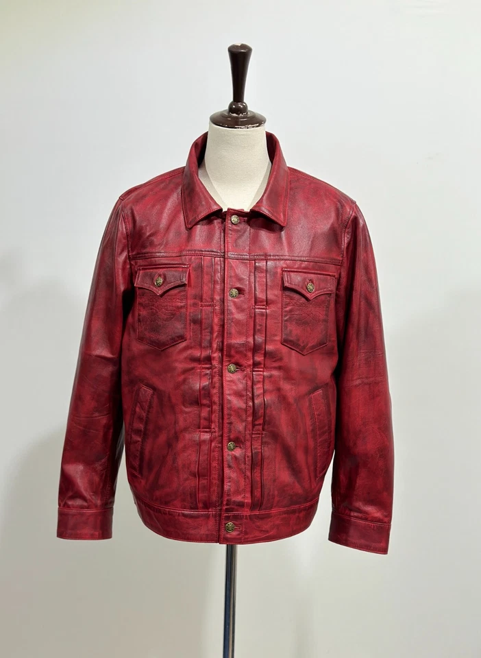 Mens Red Distressed Leather Trucker Jacket, Leather Jacket - Image 3 of 4