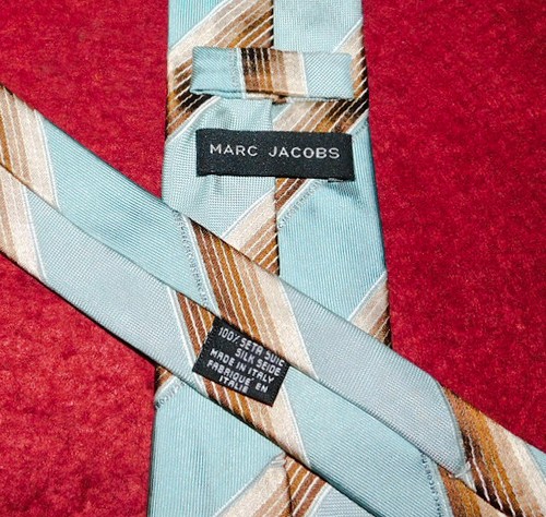 MARC JACOBS MADE IN ITALY BLUE/BROWN/YELLOW STRIPED SLIM TIE - DESIGNER TIES. - Picture 3 of 3