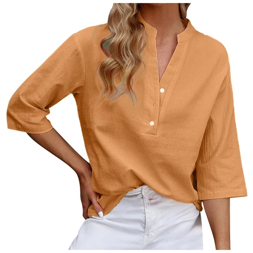 3/4 Sleeve Women's Top Casual Loose Round Neck T Shirt Cute Solid Color Long - Picture 8 of 42