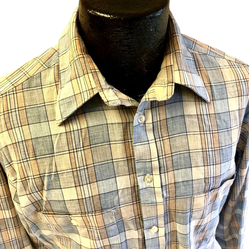 Camisa Rockabilly Mod Manga Larga Cuadros SOMBRA Marrón Azul Episodio Años 50 60 De Colección M Foto 2 de 4