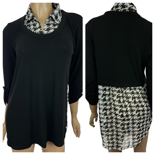 Maurices Sz M Black Knit w Sheer Black & Gray Blouse Tunic 3/4 Sleeve Collared