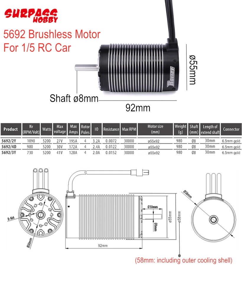 Surpass Hobby 5692 Brushless Motor 1090/980/730KV Shaft 8mm For 1/5 RC Car RTR - Image 2 of 4