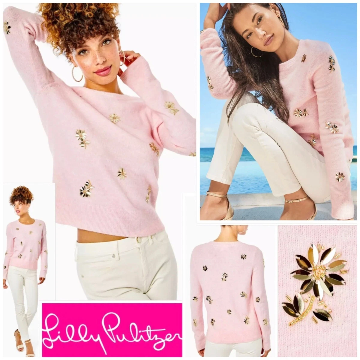 NWT 198 Lilly Pulitzer Kalaya Sweater XL Calla Lilly Pink Sparkle Floral Toss