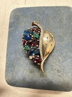 Crown Trifari Signed Glass Fruit Salad Leaf Dress Clip Brooch Vintage 1940s Rare