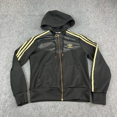 Vintage Adidas Originals Damen Full Zip Hoodie Schwarz Gold UK 14 Y2K Trainingsanzug