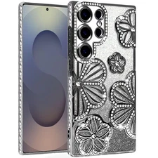 For Samsung S25 Ultra Case Bling Floral 3D Glitter Phone Cover + Tempered Glass