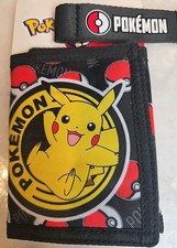 New With Tags Packaged Pokemon Pikachu Trifold Black Wallet W/Keychain
