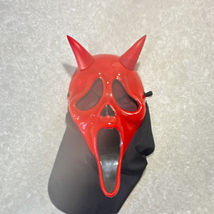 Red/Black Devil Full Face Costume Mask w/ Black Hood Drape, Adjustable One Size