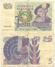 1968 KINGDOM of SWEDEN Nice Circulated  FEM  or 5 KRONOR NOTE King GUSTAF VASA