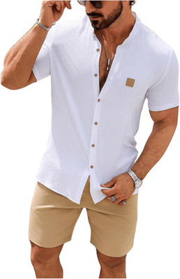 Men'S Casual Tracksuit Button down Shirt and Drawstring Waist Short Sets Summer 