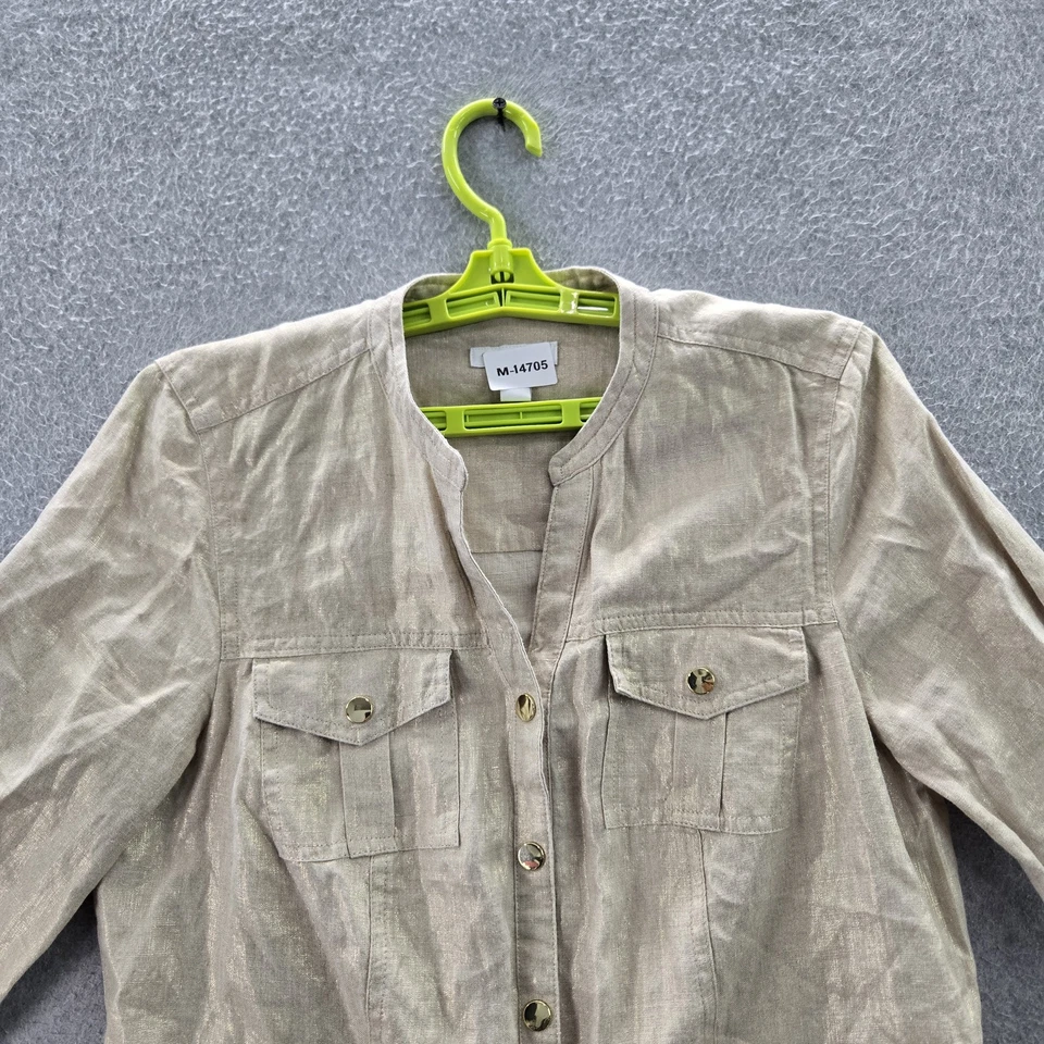 Chaqueta Charter Club para mujer M marrón lino utilitaria manga con lengüeta enrollable Foto 3 de 4