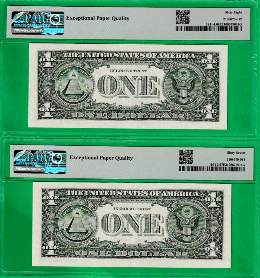 $1  Federal Reserve RADAR & REPEATER Serial 62522526 / 62526252 TWO NOTES PMG 68 - Image 2 of 2