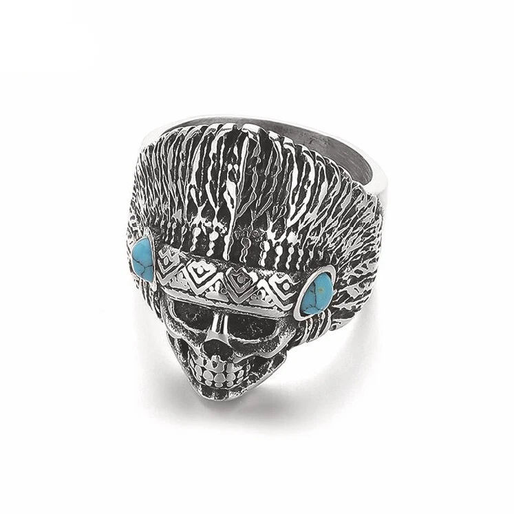 Anillo Jefe Indio Turquesa Azul De Colección Acero Inoxidable Para Hombre Motociclista HipHop Anillo Foto 3 de 4