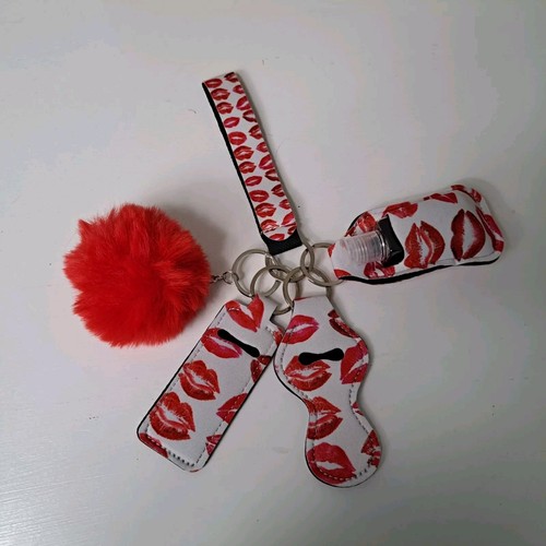 Women's Keychains 6 Pc Chapstick Holder Sani Bottle Holder Puff & Strap - Picture 4 of 5