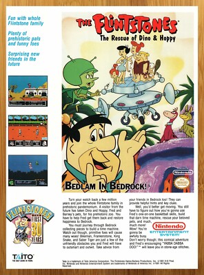 1991 Flintstones Rescue of Dino & Hoppy Nintendo NES Print Ad/Poster Game Art