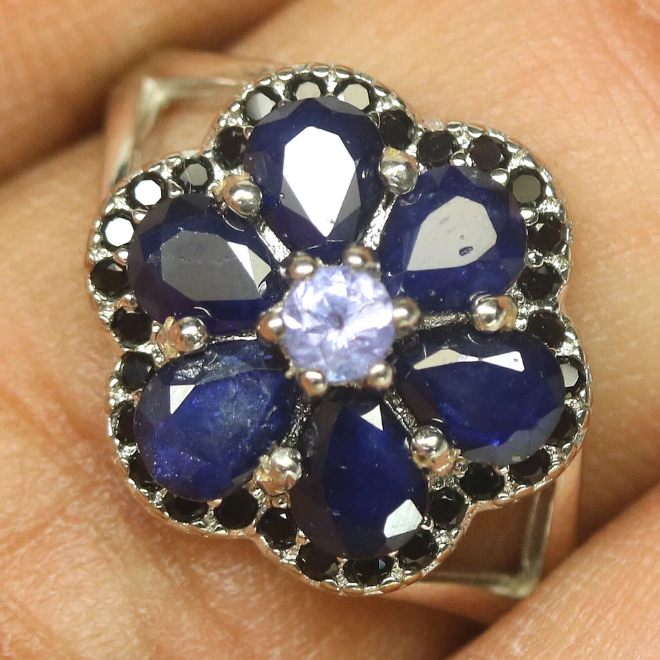 Edelstein Blauer Saphir, Tansanit & Spinell Schmuck Ring 925 Silber Größe 6.75 - Bild 2 von 4